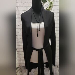 Black Viscous Long Sleeve Lightweight Open Knit Cardigan w/Matching Belt